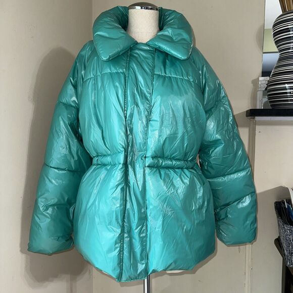 A New Day Women's Green Mid Length Puffer Coat Zip Snap Collared Size Large EUC - Picture 2 of 16
